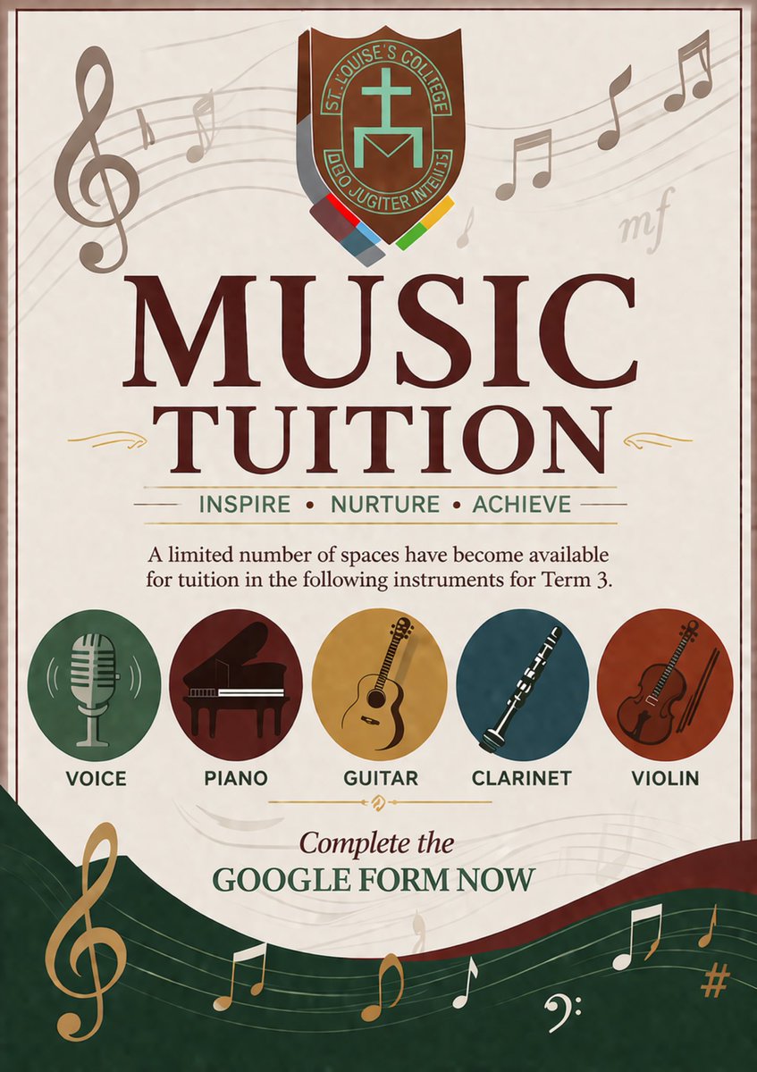 🎶  𝗠𝗨𝗦𝗜𝗖 𝗧𝗨𝗜𝗧𝗜𝗢𝗡  🎶 

We have a limited number of spaces available for music tuition in term three. Interested parties should complete the Google form below by Sunday 12th April.

🔗 forms.gle/b3Ne8jSPJd6bAg…
