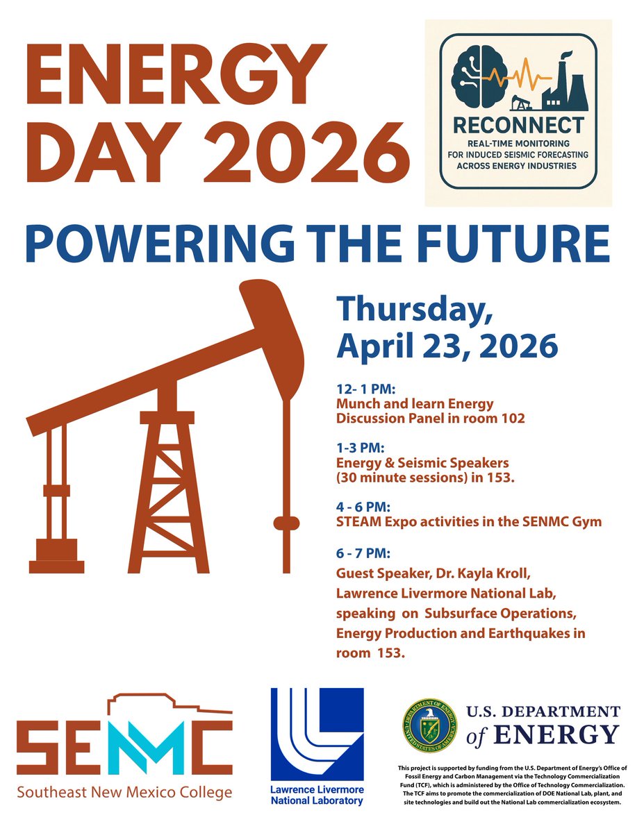 senmcollege's tweet photo. Energy Day 2026: Powering the Future!
Join us on Thursday, April 23rd for an exciting day of innovation and hands-on learning! Hear from energy and seismic experts, grab lunch at our “Munch &amp; Learn” panel, and explore interactive exhibits at the STEAM Expo. https://t.co/fveuuqACyd