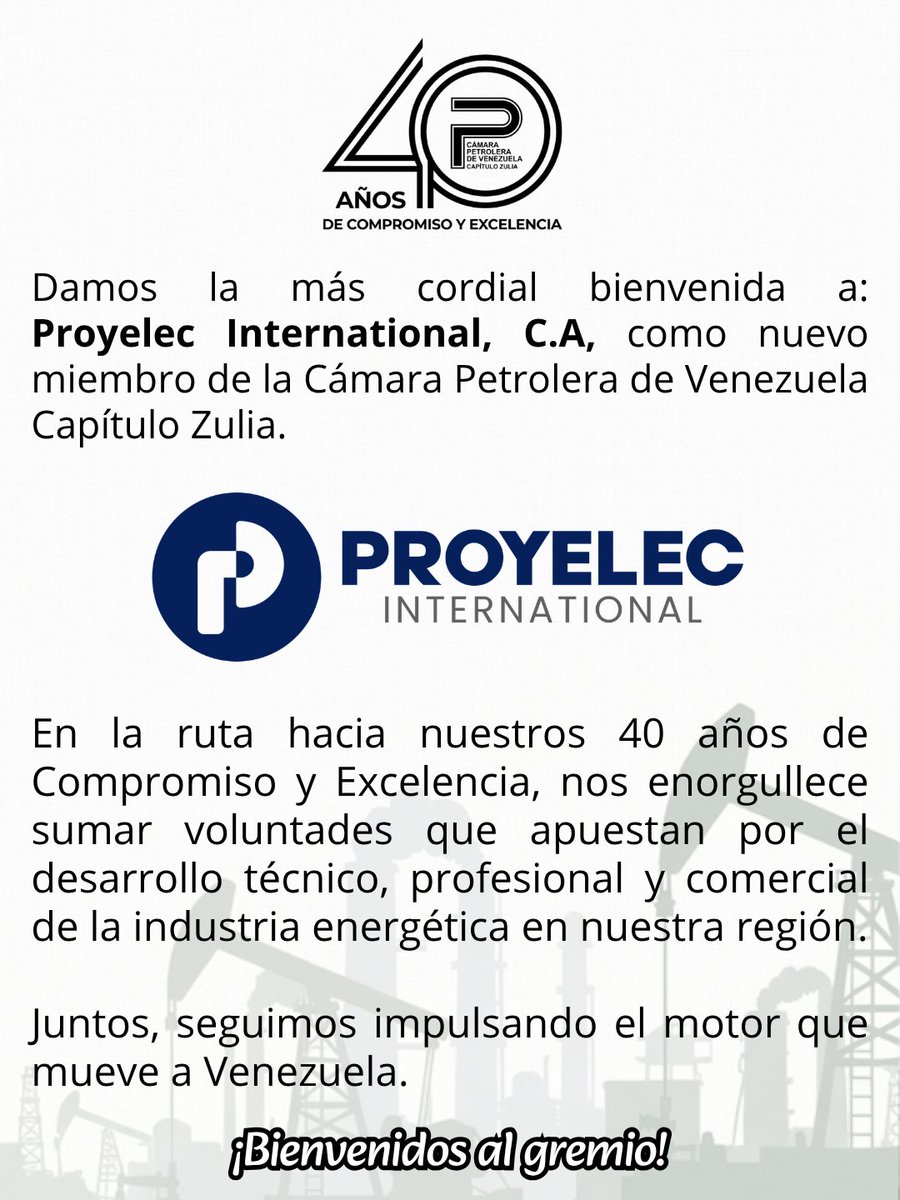 La Junta Directiva de la #CPVZ, le da la más cordial bienvenida a la nueva Empresa agremiada: 

Proyelec International, C. A

Rumbo a nuestros 40 años de compromiso, seguimos sumando capacidades por el desarrollo del sector hidrocarburos. 🛢️🏗️

#SomosReferenciaNacional #Venezuela