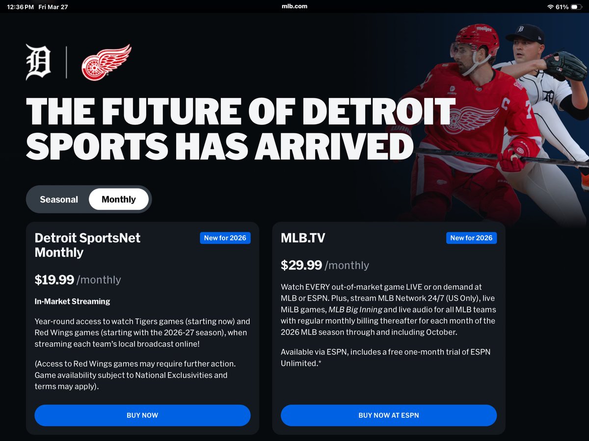 KD8BIG's tweet photo. I remember the good ole days when I could watch the @DetroitRedWings and the @tigers on regular cable television. Now we have to pay $149.99/MLB season or $189.99/yearly to watch both Wings &amp; Tigers miss the playoffs.
At least the @DetroitPistons are playing well. https://t.co/kQggLsqJri