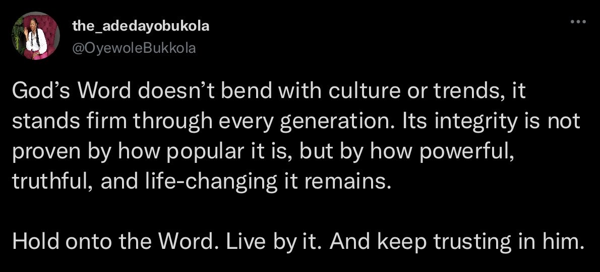 OyewoleBukkola's tweet image. 100 days of speaking on the integrity of God’s word

Day 41
#Thewordworks