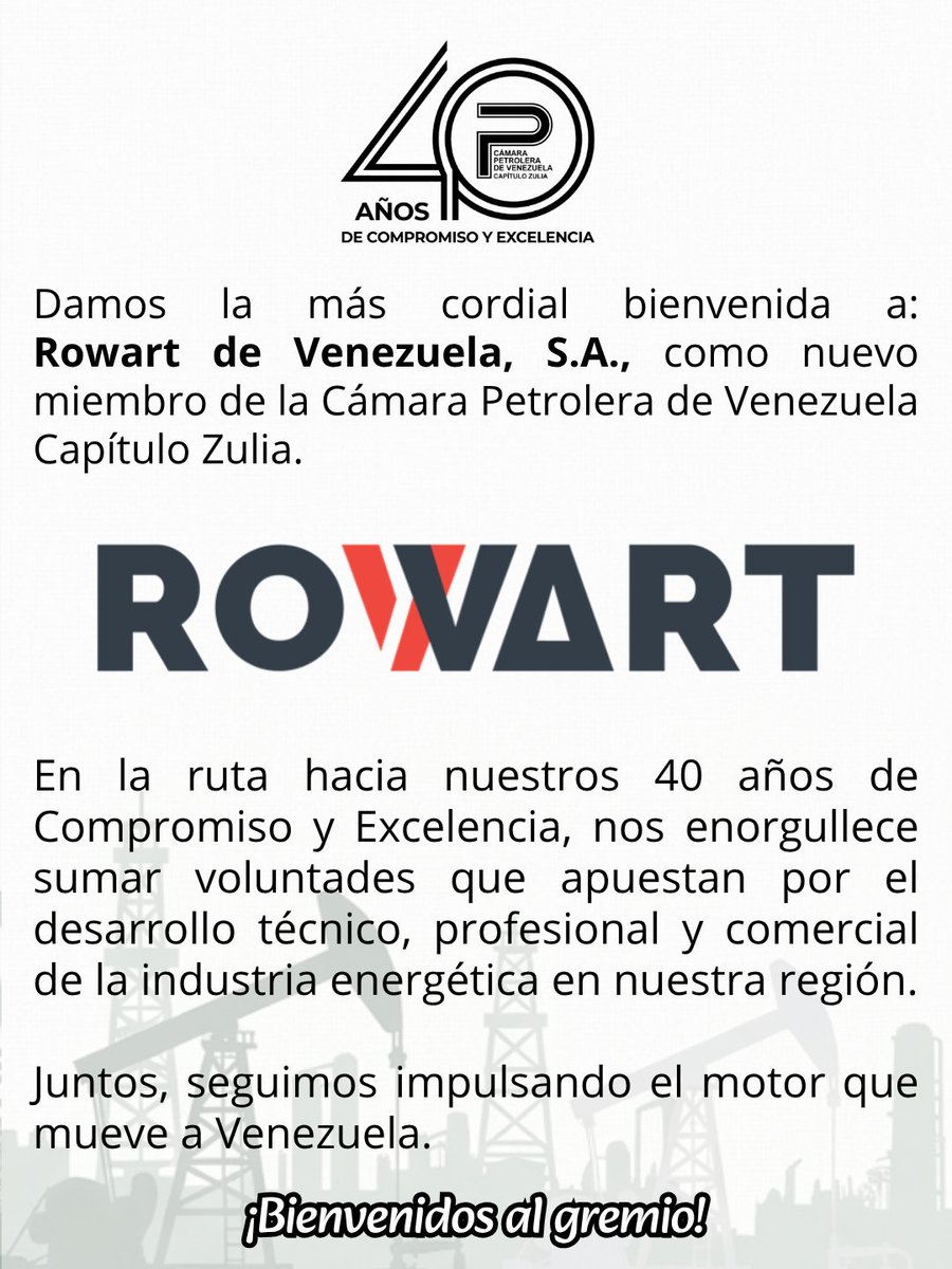 La Junta Directiva de la #CPVZ, le da la más cordial bienvenida a la nueva Empresa agremiada: 

Rowart de Venezuela, S.A.

Rumbo a nuestros 40 años de compromiso, seguimos sumando capacidades por el desarrollo del sector hidrocarburos.  🛢️🏗️
#SomosReferenciaNacional #Venezuela