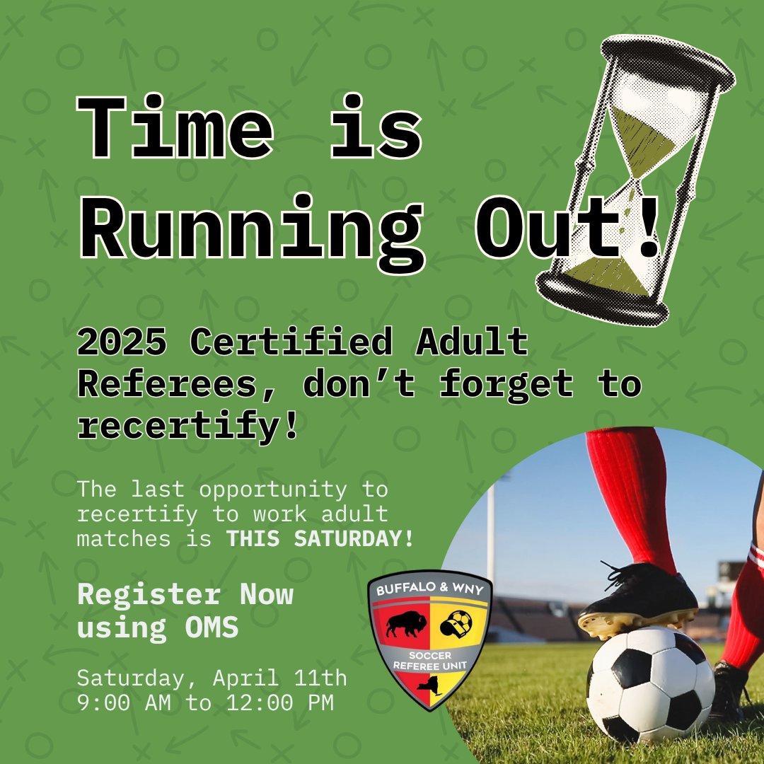 BuffSoccerRef's tweet photo. This Saturday is the LAST CHANCE to remain eligible to officiate adult matches (like @OfficialBDSL matches) in the 2026 season. If have not attended a similar clinic, and you do not attend this clinic, you will not be eligible to work adult matches in WNY. (1/2) https://t.co/gRUfnDvwwC