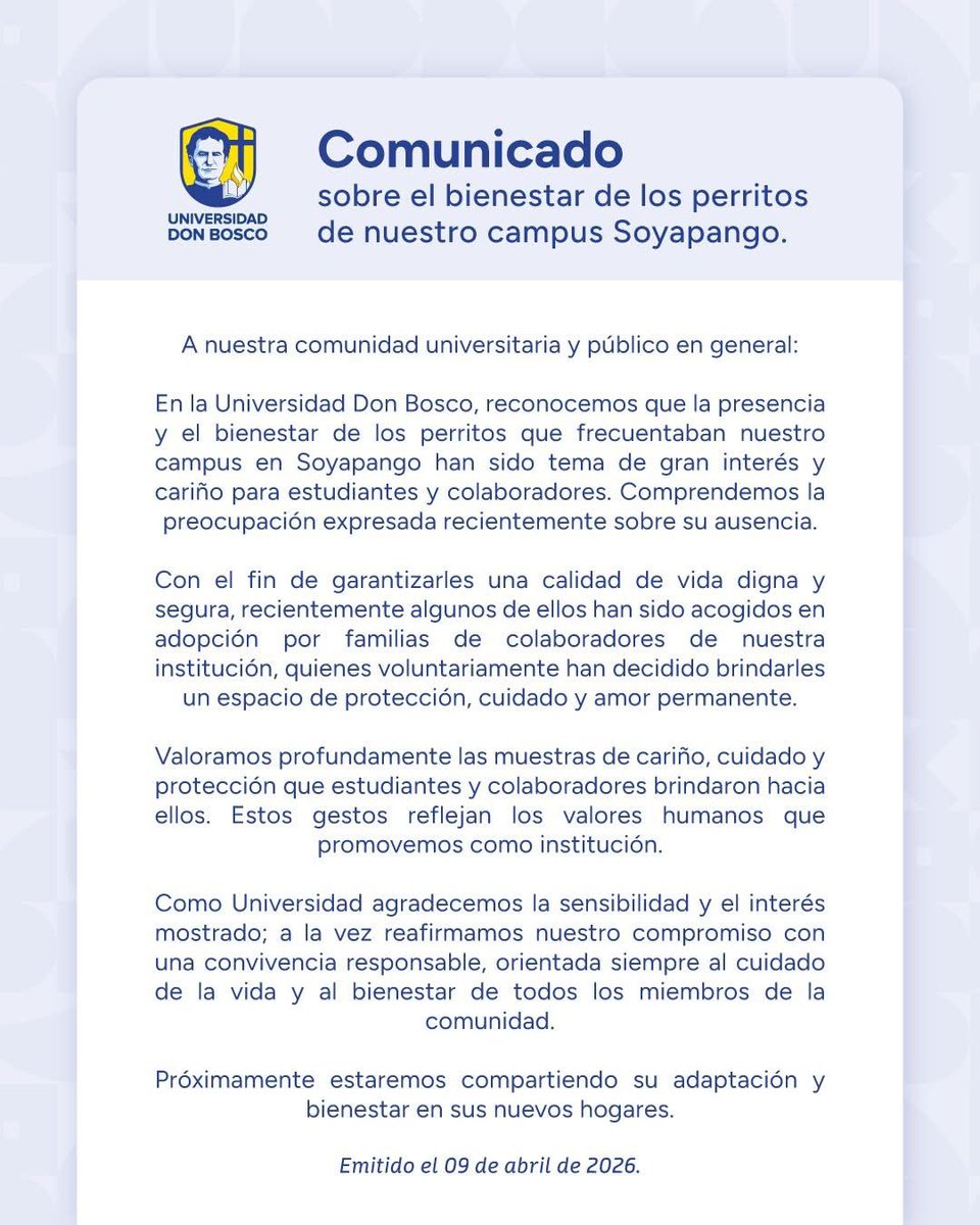 ⚠️🐕 DON BOSCO RESPONDE A CRÍTICAS: PERRITOS “FUERON ADOPTADOS”

📌 La Universidad Don Bosco explicó que los perros del campus en Soyapango no desaparecieron, sino que fueron entregados en adopción.

🏠 Según el comunicado, familias vinculadas a la institución decidieron
