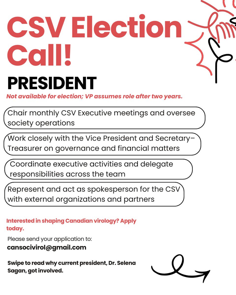 CanSocVirol's tweet photo. Want to help shape the future of Canadian virology? The Canadian Society for Virology is looking for nominations for the Governing Executive (June 2026 start).

📩 Nominate by April 10, 2026 → https://t.co/yV9efmPYDt https://t.co/NZcPT2UEFK