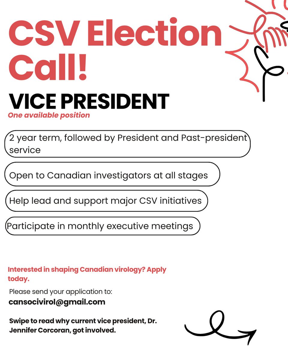 CanSocVirol's tweet photo. Want to help shape the future of Canadian virology? The Canadian Society for Virology is looking for nominations for the Governing Executive (June 2026 start).

📩 Nominate by April 10, 2026 → https://t.co/yV9efmPYDt https://t.co/NZcPT2UEFK