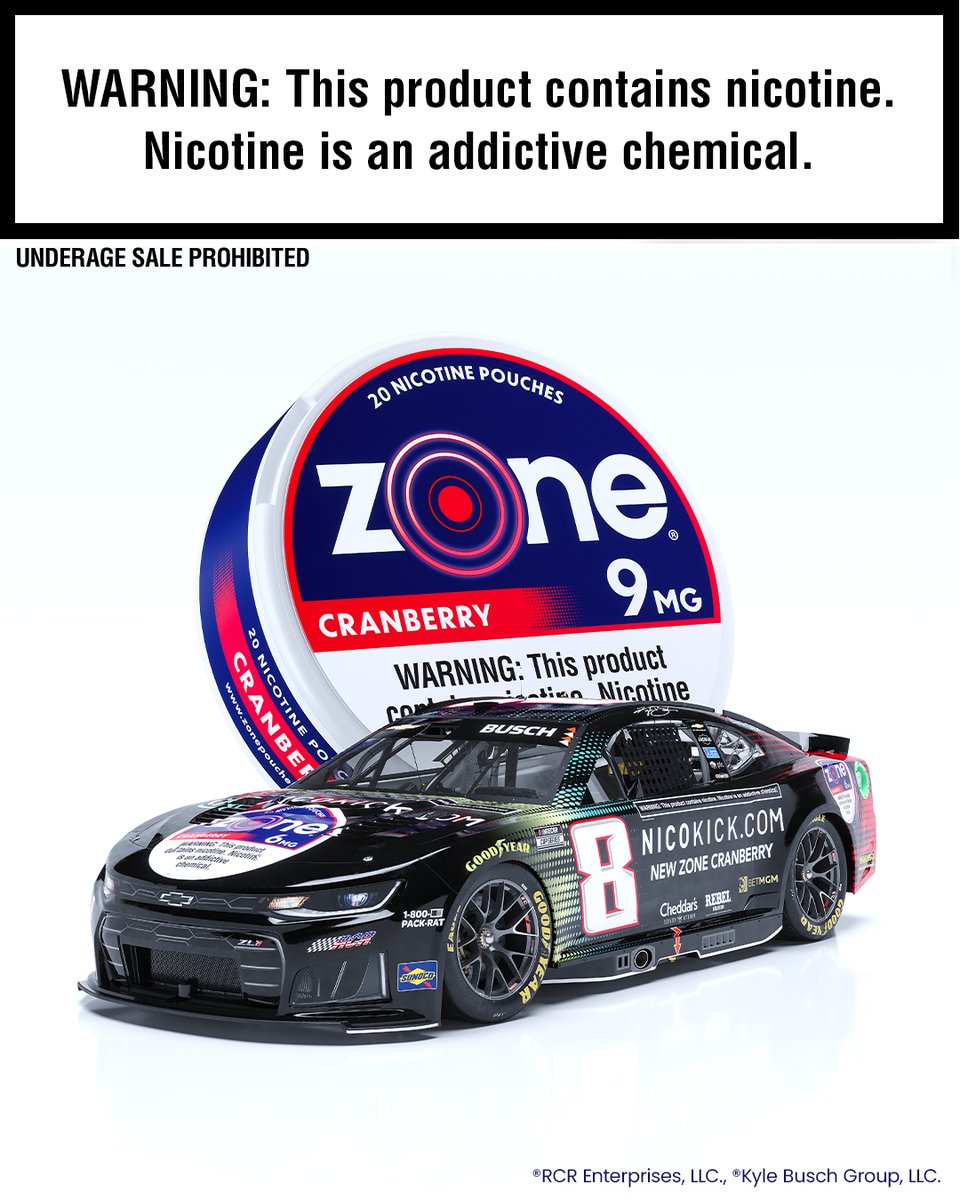 RCRracing's tweet photo. The Nicokick x zone-inspired 𝘾𝙧𝙖𝙣𝙗𝙚𝙧𝙧𝙮 design arrives at the AdventHealth 400 in Kansas. Catch the drop and grab the Cranberry flavor only at https://t.co/HjNN8hiNpf starting April 17 🔥

@Nicokick_com | #zone_Partner | @KyleBusch https://t.co/6DS0bDttzs