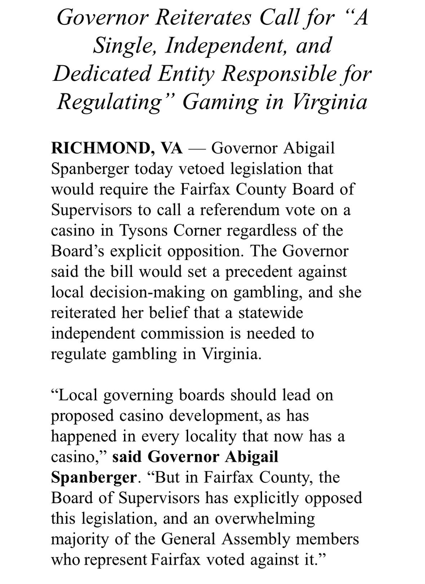 royermattw's tweet photo. Governor Spanberger just vetoed the Fairfax casino.

75% of Fairfax voters opposed it. A majority of Fairfax GA members and the BOS opposed it.

Her call for a single independent gaming regulator? That's the right instinct. VA can't keep legislating gambling one bill at a time. https://t.co/ANSKhcVEx6