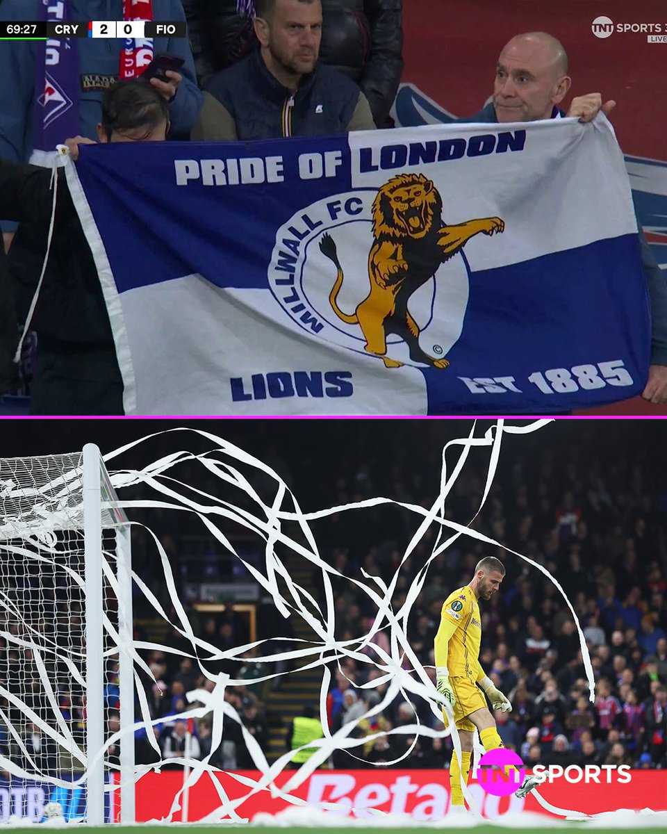 Crystal Palace gave the Fiorentina players a nice ticker tape welcome during their walk-on 👀

The away fans responded with their own Millwall FC flag from the stands 😅