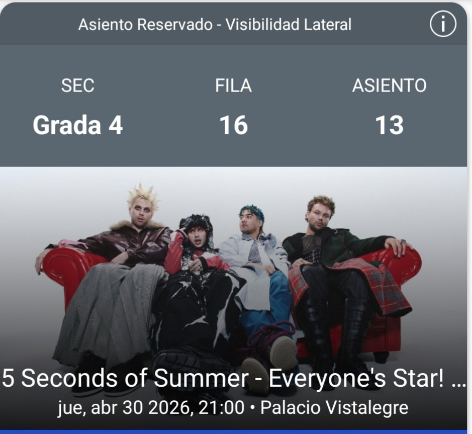 andreasnchz19's tweet photo. Vendo entrada para 5sos en Madrid el 30 de Abril, grada lateral a través de Ticketmaster por 58€ https://t.co/VaWgOtXgoP 
#5sos #5secondsofsummer #EAStour  #EASMadrid #EveryonesAStarTour https://t.co/73Ra0h62uO