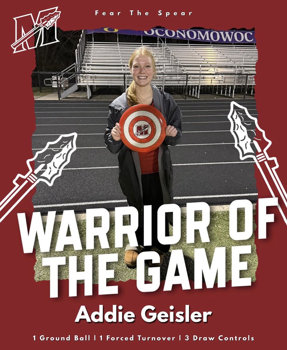 Congrats to Addison Geisler on being named Warrior of the Game for Muskego! 🖤❤️🥍

Addie made a big impact in the draw circle with 1 ground ball, 1 forced turnover, and 3 draw controls. Keep working, Addie — Warrior Nation is cheering you on!