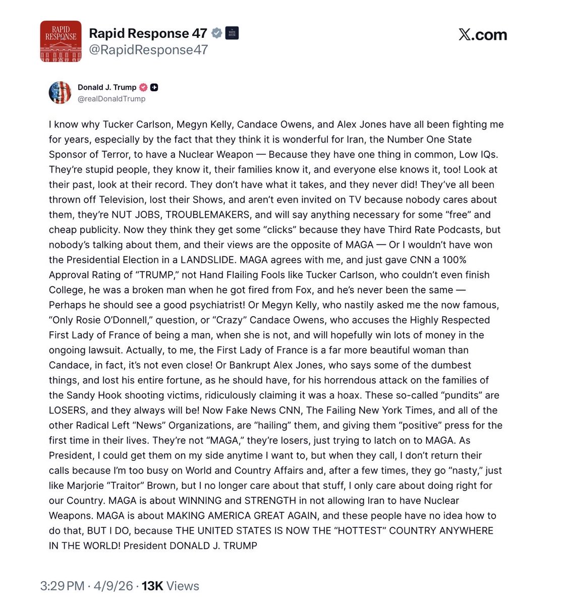 jujabling's tweet photo. Exhibit A. @realDonaldTrump goes there. 
Naming these propagandist profiteers &amp;
FAKE NEWS “has beens” just for starters. 
They are “PAY TRIOTS”. Not Patriots 🇺🇸 🫡
Don’t let the 🚪 hit you all on the way out! https://t.co/qOtoQ6iZmM