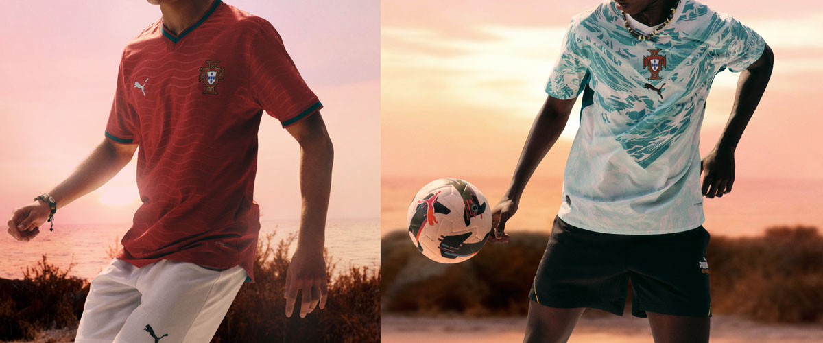 SoccerCenterSB's tweet photo. The new Portugal jersey from @pumafootball is now available in men's sizes for both home away. At this time, we only have the blank jerseys without the player names and numbers. We should get some pre-printed Ronaldo #7 kits soon. #pumafootball #portugal #fpf #wc2026 #lovethegame https://t.co/clt8LxB0cf