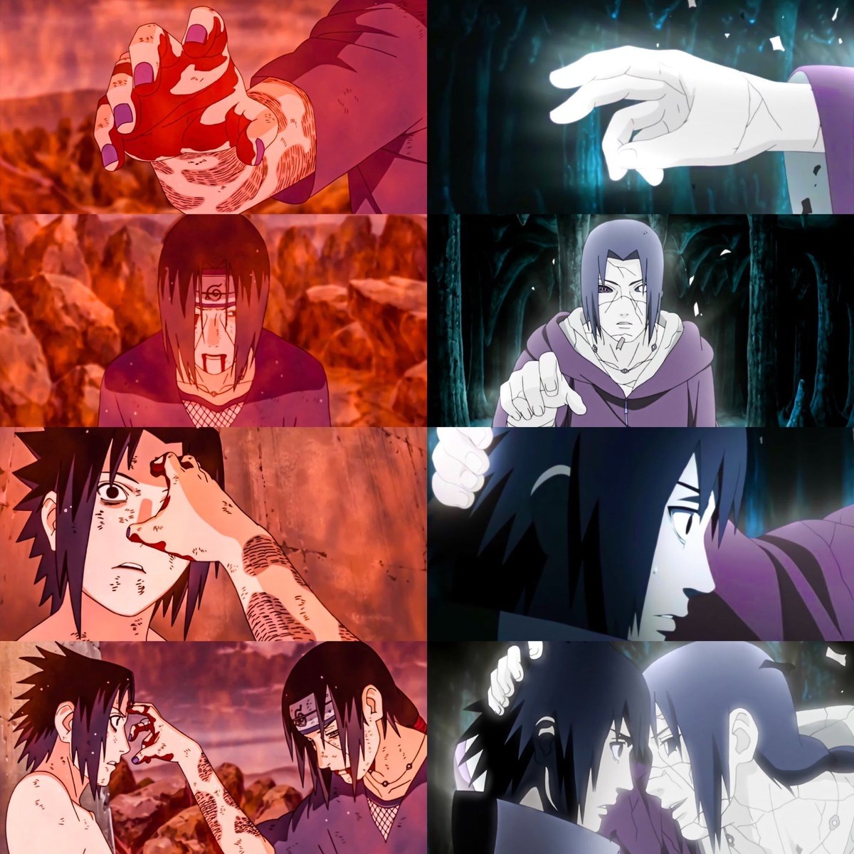 dailyitachi's tweet photo. The contrast between his two final farewells. one full of pain and regrets, the other full of love and closure. Absolute cinema https://t.co/cjzdswK1Y1