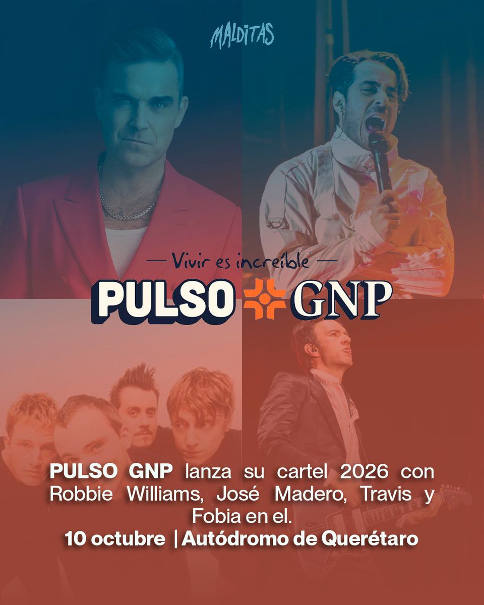 MalditxsMedia's tweet photo. ¡Ya hay Pulso! Ya esta el cartel del @pulsognp 2026 🔥
Vivir será increíble con Robbie Williams, José Madero, Caifanes, Fobia, Travis y muchos más 😭💖
10 octubre Autódromo de Querétaro 📍
🎟️ #PreventaBanamex 14 abril @ticketmaster_me
#pulsognp #queretaro #festivales https://t.co/mSORMsXCMK