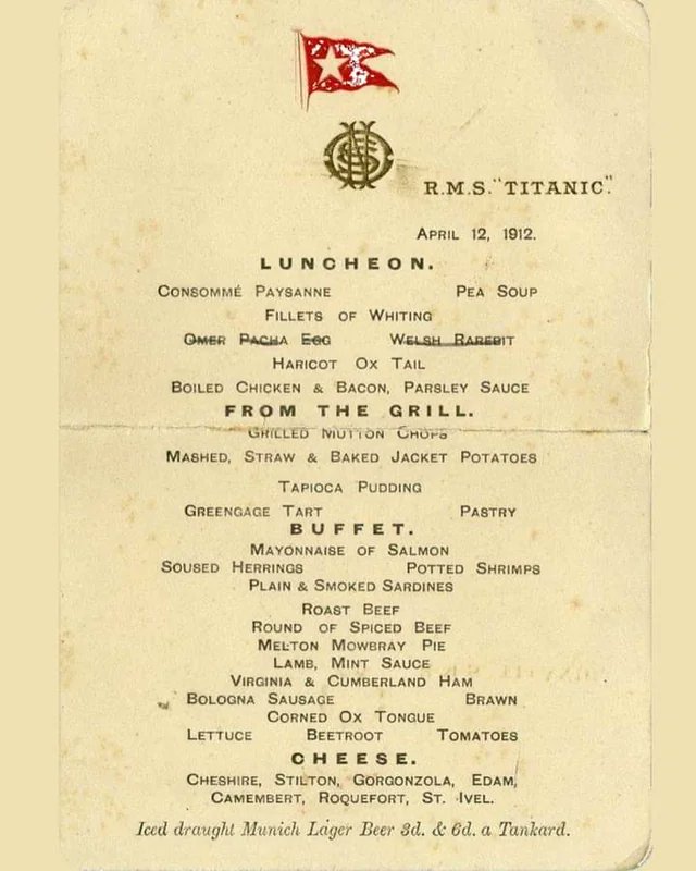 MeriaRmsTitanic's tweet photo. Menus of the day (12th April 1912) served to 1st class passengers on the #Titanic.
📸 1: Menu saved by Elise Lurette, a French passenger who accompanied the Spencer family. 2 dishes are crossed out because they are probably no longer available.
#RMSTitanic #Titanic114 https://t.co/jYf0VZvTGO