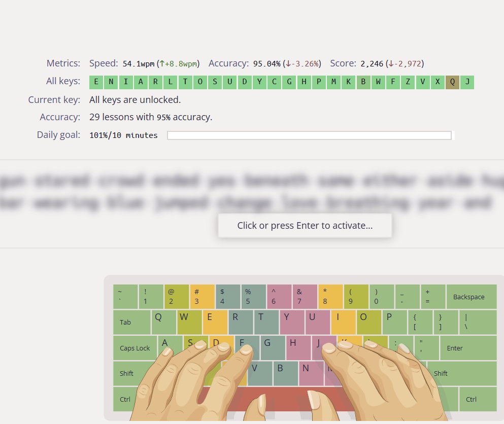 skyandmacbook's tweet photo. Keybr 今日
速度：54.1 WPM（↑+8.8） 正確率：95.04%（↓-3.26%） 分數：2,246（↓-2,972） 已累積29堂課達到95%正確率
把正確率守穩，速度自然會再往上跑，甚至跑得更穩。
繼續每天10分鐘，別中斷。
#每日打字練習 #Keybr #刻意練習 #打字進步 https://t.co/dbiEwLjWc6