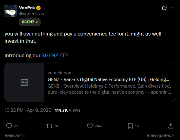 stitchdegen's tweet photo. Why did $GENZ pump ?

1. Narrative Arbitrage : Wall Street validation vs crypto speed

When @vaneck_us  launched the $GENZ ETF, they didn’t just release a product ,  they legitimized an entire generation Gen Z as an investable asset class

Reality : TradFi is slow money ,  it takes months for institutional capital to actually flow in

Opportunity : Crypto Twitter is fast, smart money

Positioning : The $GENZ memecoin acts as a high beta proxy to frontrun the exact narrative Wall Street has just started marketing

2. Culture monetization

Gen Z isn’t just a trend ,  they are the architects of the new economy

Behavior : Digital native, subscription first, high velocity social capital

The alpha: $GENZ isn’t a dry utility token. It’s liquid culture , capturing the attention of the most influential generation on the planet and assigning it a price

3. Smart money positioning

Data doesn’t lie , we are still in the accumulation & seeding phase

Current players : Mid tier KOLs ( 10K–60K followers ) entering around ~ 400K – 800K MC (e.g. @smokey0x )

Psychology : They’re not here for 20% gains ,  they’re positioning for a category defining breakout

Gap : Top-tier KOLs haven’t even started tweeting yet 

You’re still buying before mass amplification begins

4. Technical confirmation : building the “God candle base”

Ignore 1 minute candles , look at structure :

Resilience : The first push to ~$1M didn’t trigger panic selling 

Base formation : A strong floor has been established ,  this isn’t a pump & dump, it’s a staircase structure

Expansion : Transitioning from accumulation => price discovery

5. Reflexive flywheel

- ETF creates the fundamental reason ( Why )

- CT builds the speculative narrative ( How )

- Price action attracts new participants ( Who )

Attention feeds back into the narrative

The loop is closed , the engine is running

6. My Conclusion

$GENZ isn’t just pumping , it’s a front-run on-chain play on a billion dollar TradFi narrative

While Wall Street is still filing paperwork , degens have already priced in the future

6EGYXQAVXkaQJurhhq1M5MJzjXpguhEG6CN35sA3qJg