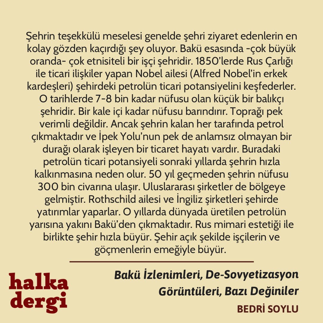 halkadergi's tweet photo. Bedri Soylu, Halka Blog için “Bakü İzlenimleri, De-Sovyetizasyon Görüntüleri, Bazı Değiniler” başlıklı bir yazı kaleme aldı. 

Yazının tamamı için link: https://t.co/I8NaHvqDpG https://t.co/bFQ62m9xZP