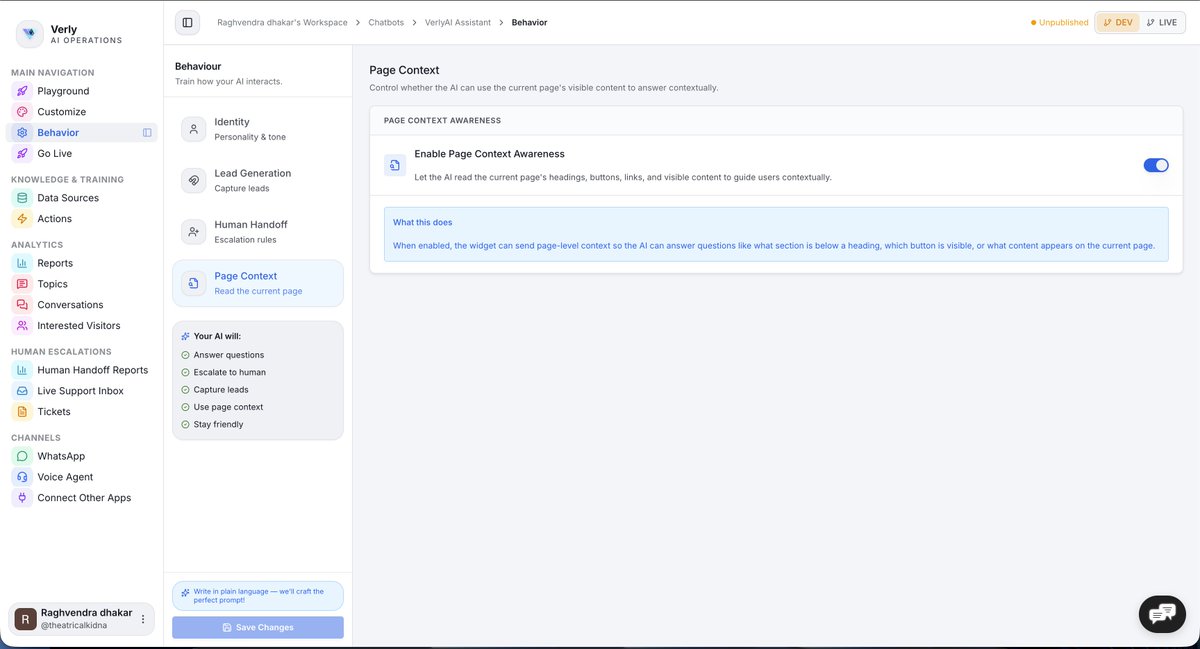 Raghvendra56595's tweet photo. We have building a new layer into our chatbot:

it can understand the page a visitor is currently on.

Not just the conversation.
The actual page context.
So instead of giving generic answers, it can say:

“Click the pricing button in the top nav”
“Scroll to the section below”
“Use the form field on the right”
“Here’s the exact link you’re looking for”

This matters because most website chatbots still behave like detached support bots.
They answer questions, but they don’t understand where the user is stuck.
We want Verly to feel more like an on-page guide than a floating FAQ box.
That unlocks a much better experience for:
support
onboarding
product education
and conversion flows
Still tightening the architecture and privacy boundaries before full rollout.

But this is the direction:
chat that understands the website, not just the message.
If you’re building for support or sales on the web, this shift is going to matter.