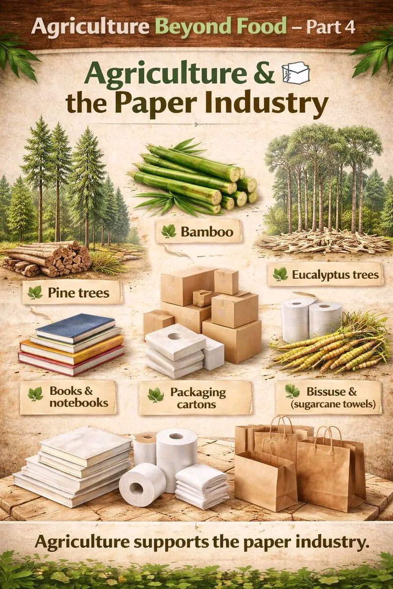 dufitalexis1's tweet image. AGRICULTURE BEYOND FOOD 

Agriculture &amp;amp; the Paper Industry 📄
Take a quick look around you.
Your notebook.
Your textbooks.
Tissue paper in your house.

Even the carton used to package goods.
Most of these things started from plants grown through agriculture.

Many trees and plant
