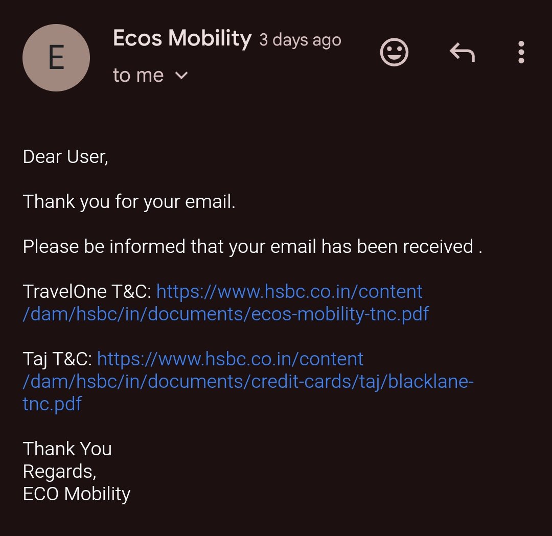 DattaDeepon's tweet photo. @HSBC_IN 
Pls remove the complimentary service if it can't be met.
For >10 days I am trying to book the "airport pickup/drop" but there's no reply. Raised to the respective escalations, to no avail.
Definitely not the service I had in mind.

#ecomobility #hsbc #hsbcT1 https://t.co/mxJ2o64qNm