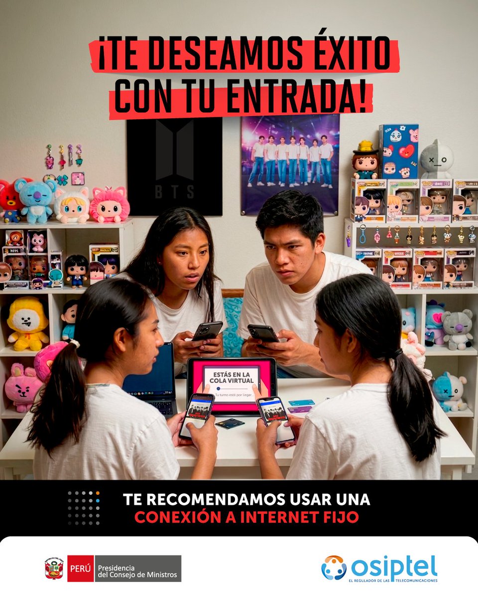 OSIPTEL's tweet image. ¡Así estamos todos! 😅💜
Y cuando por fin consigamos la entrada para el concierto… será simplemente #Iconic. 🥹🤩
Llegó la hora de cumplir ese sueño. 🎟️

Y recuerda que si requieres orientación sobre tus servicios #Telecom, en el OSIPTEL estamos para servirte.

#BTS #Army