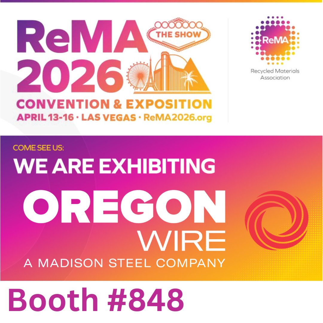 oregonwire's tweet photo. Heading to Las Vegas for ReMA 2026! 🎰 Come find us at Booth #848 April 14 &amp; 15. Oregon Wire, a Madison Steel Company, will be on the floor and ready to talk recycling wire. See you there. #ReMA2026 #Recycling #RecycledMaterials #BaleWire #ScrapMetal https://t.co/5NTXi8tU43