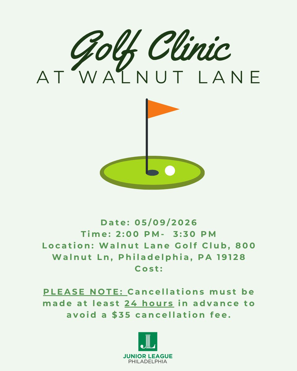 JL_Philadelphia's tweet photo. Beginner-friendly golf clinic open to all, no experience needed. Held outdoors at the driving range and putting green; golf attire is suggested. Bring your own clubs or use limited sets available. Indicate club needs when signing up. Cancel 24+ hrs in advance to avoid $35 fee. https://t.co/yg7YuiYq8a