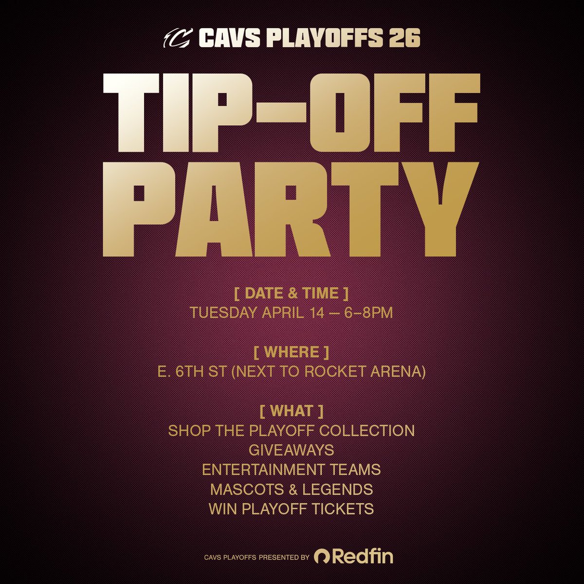 CavsUnited's tweet photo. Who’s ready to #LetEmKnow 

But first we want to party with you! 

Join us for the 2026 Cavs Playoffs Tip-Off party to kick off the post season with all your favorite Cavs Mascots, Entertainment teams and MORE! 

See you there! 🏀🤩 https://t.co/RnNZaNbJfk