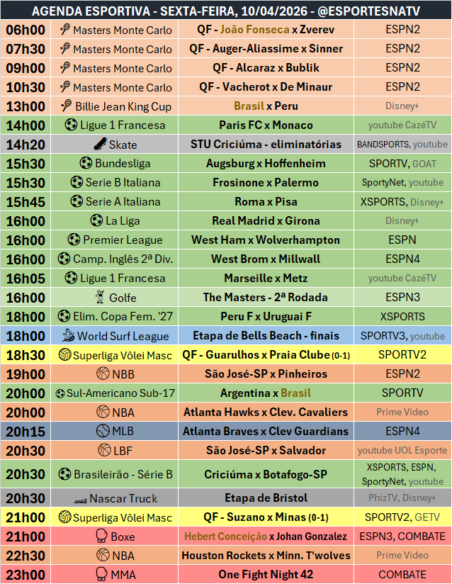 A agenda esportiva desta SEXTA-FEIRA (10/04/2026)