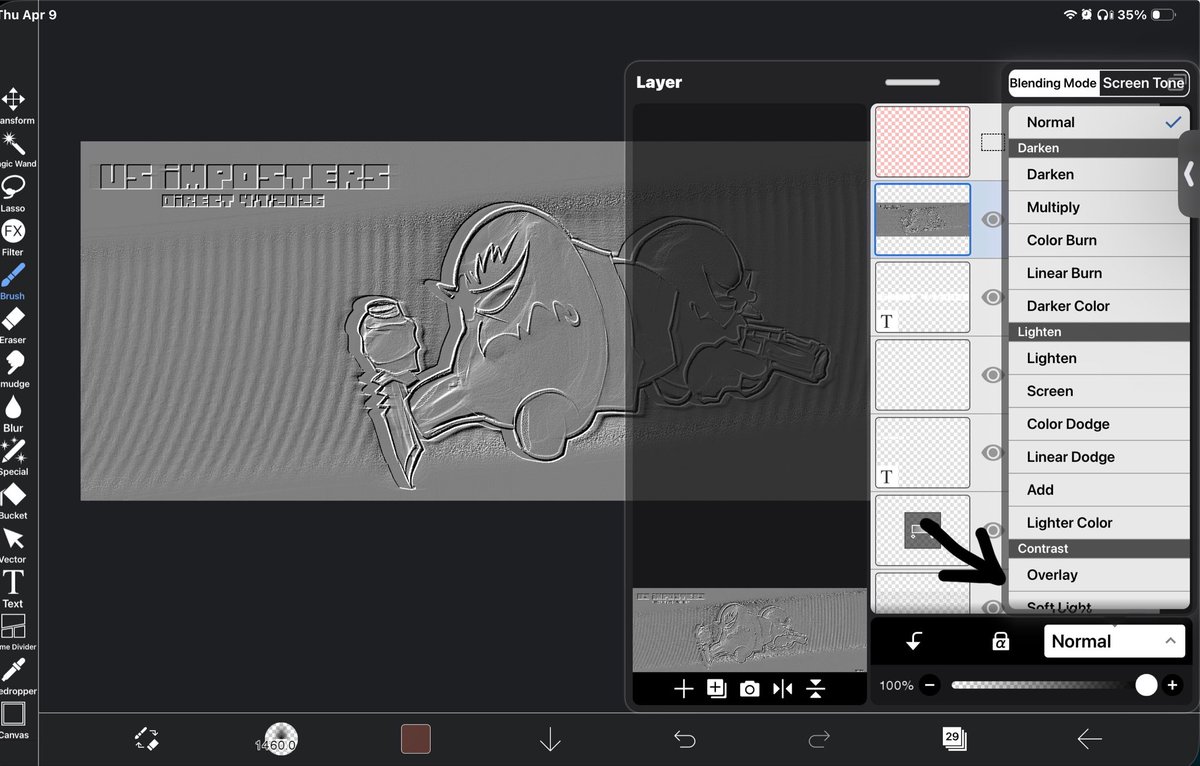 thee7number's tweet photo. For ibisPaint users:

1.Duplicate canvas
2. Press Emboss and change settings to your liking.
3. Go to blend mode and press overlay
And done ( Also change opacity if needed ) https://t.co/ibd2qaiqHa