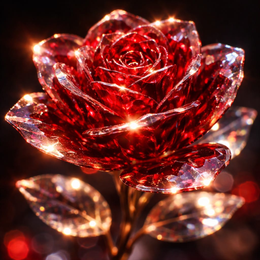 aefte_ai's tweet photo. #PromptSharing
Roses are great motifs. They're even more beautiful as glass decorations. With this prompt, you can easily create something chic. You can also use different colors. Feel free to try it out for yourself.
Prompt:
A delicate rose crafted entirely from shimmering red glass and multifaceted crystal. Each petal is intricately formed, catching and refracting light like a prism. The rose glows with an internal luminescence, casting soft, ethereal shadows. The style is hyperrealistic, with a shallow depth of field and dramatic lighting that highlights the transparency and delicate structure of the glass and crystal. Photographed with a macro lens, f/1.8, 8K resolution.