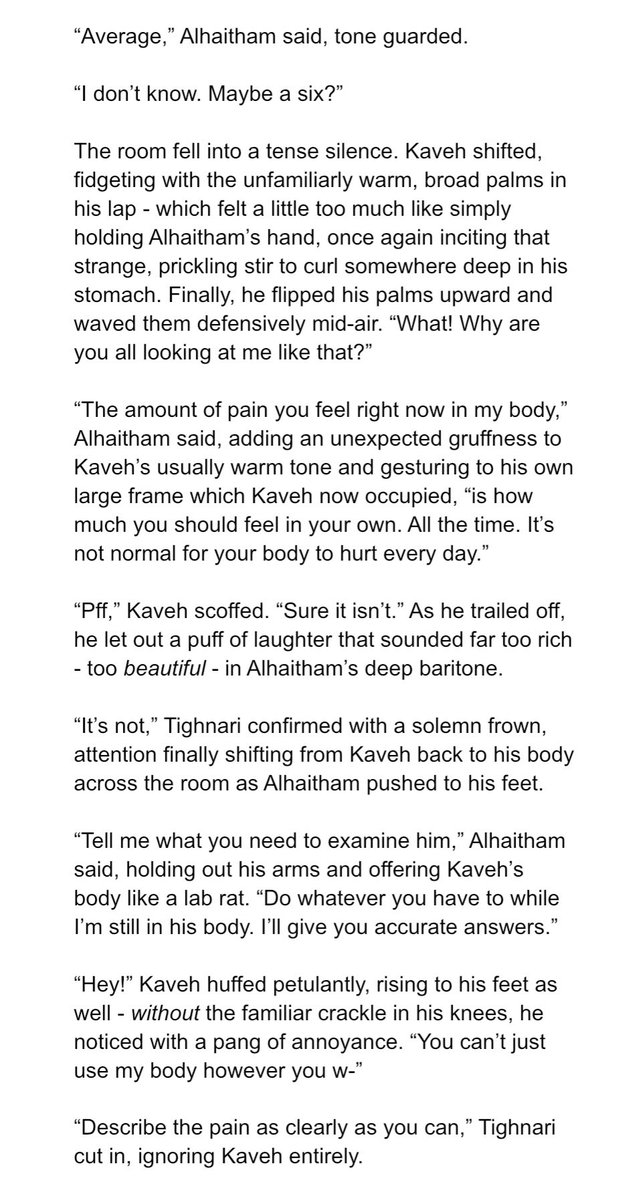 kittykatara_emb's tweet image. ✨ Bodyswap AU 
✨ Chronic pain Kaveh 
✨ Autistic Alhaitham

(they have been bodyswapped at this point - so 'Kaveh' refers to Kaveh in Alhaitham's body &amp;amp; vice versa)

#Haikaveh