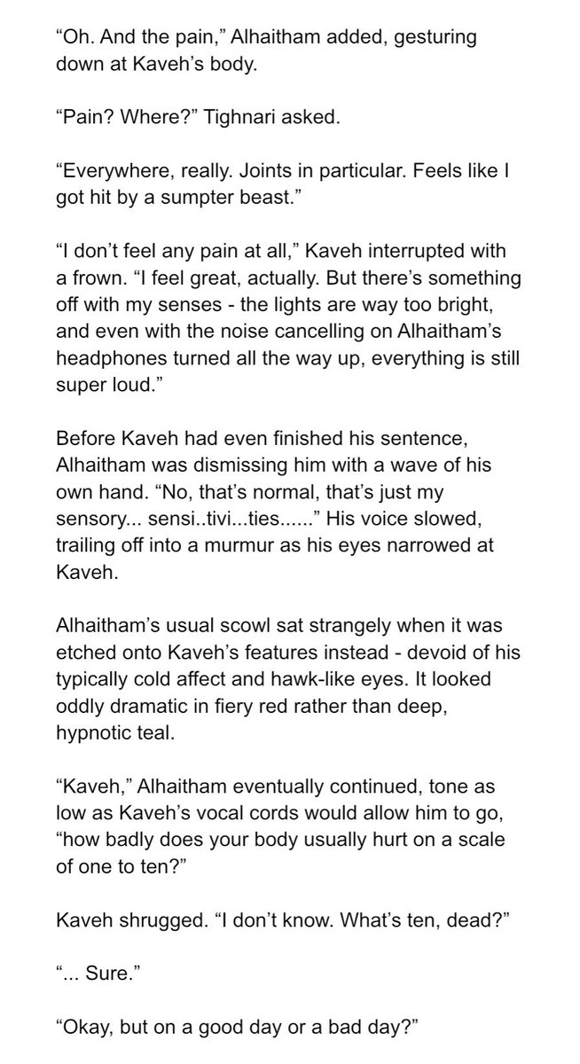 kittykatara_emb's tweet image. ✨ Bodyswap AU 
✨ Chronic pain Kaveh 
✨ Autistic Alhaitham

(they have been bodyswapped at this point - so 'Kaveh' refers to Kaveh in Alhaitham's body &amp;amp; vice versa)

#Haikaveh