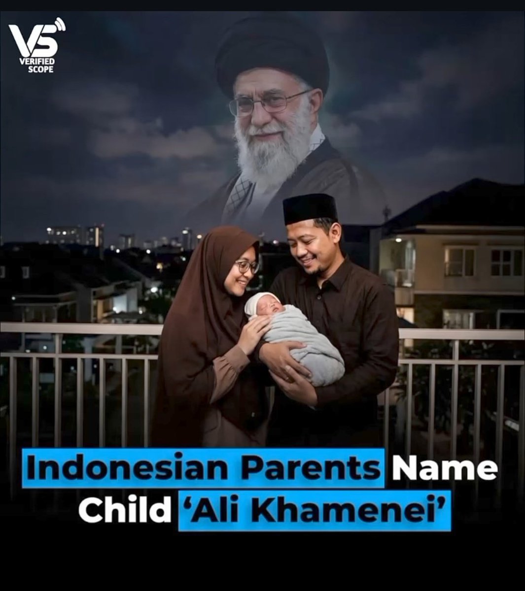 Iranevent_tv's tweet image. An Indonesian couple in Riau province has named their newborn son "Ali Khamenei," born on March 24, 2026. The parents reportedly chose the name as a mark of respect and admiration. The story has sparked widespread discussion online.
