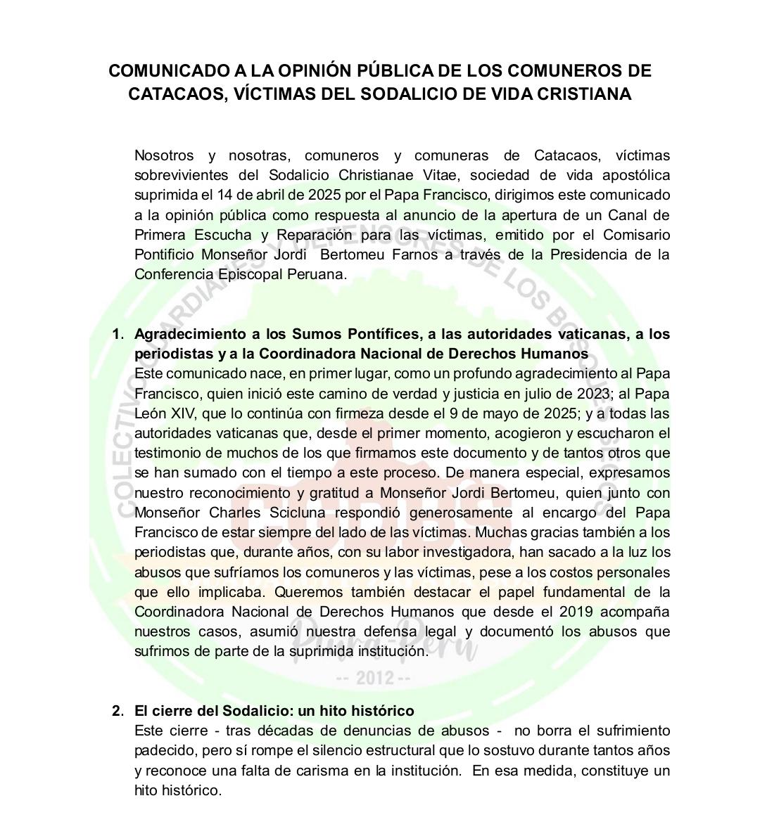 cnddhh's tweet photo. 📢#Comunicado | Comuneros de Catacaos, a quienes les arrebataron las tierras, y víctimas del Sodalicio Christianae Vitae, sociedad de vida apostólica suprimida el 14 de abril de 2025 por el Papa Francisco; se pronuncian ante la apertura del Canal de Primera Escucha y Reparación. ⚖️✊

Saludan este hito histórico tras la supresión del Sodalicio por el Papa Francisco y agradecen el respaldo de la CNDDHH y la prensa.

#Sodalicio #JusticiayReparación #Catacaos #Perú #CNDDHH