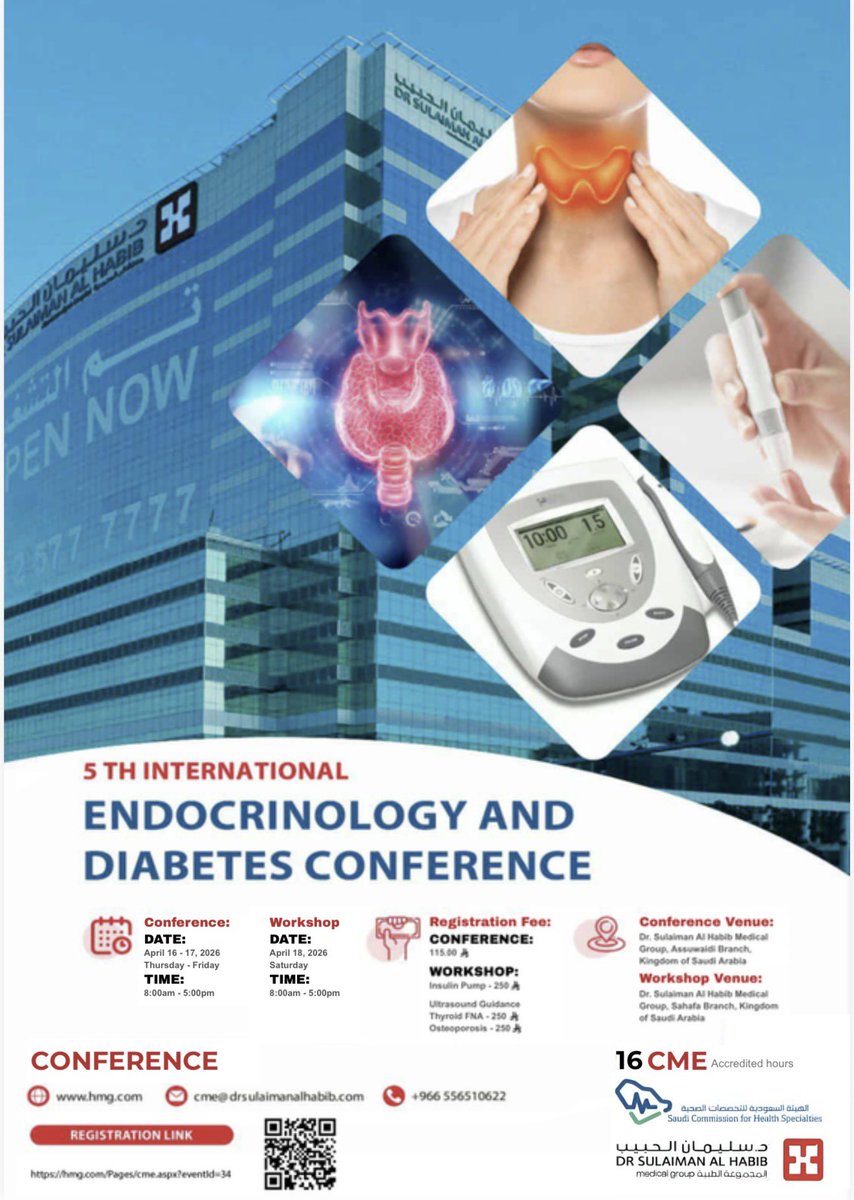 drsalkatari's tweet photo. Dear colleagues, 

Despite the huge challenges we have now adays, still we have the capability to keep going on with our medical education process… 

Our pleasure to invite you to attend our 5th International Endocrine & Diabetes Conference of Dr. Sulaiman Al Habib Medical Group. @HMG 

*Conference Dates: 16-17th April in Dr. Sulaiman Al Habib Hospital-Swaidi Branch..2nd floor
*Workshop Date: 18th April 
in Dr. Sulaiman Al Habib Hospital-Sahafa Branch..5th floor

Here is attached the conference poster, program & workshop programs…
Our workshop this year, includes 3 divisions: 
-New technology in diabetes
-Thyroid Nodules FNA US guidance
-Osteoporosis & Fracture Assessment 

Your attendance & response is highly appreciated reflecting your deep commitment in the field of endocrinology…

 Head of Scientific Committee

https://t.co/VJS4pbnyCf