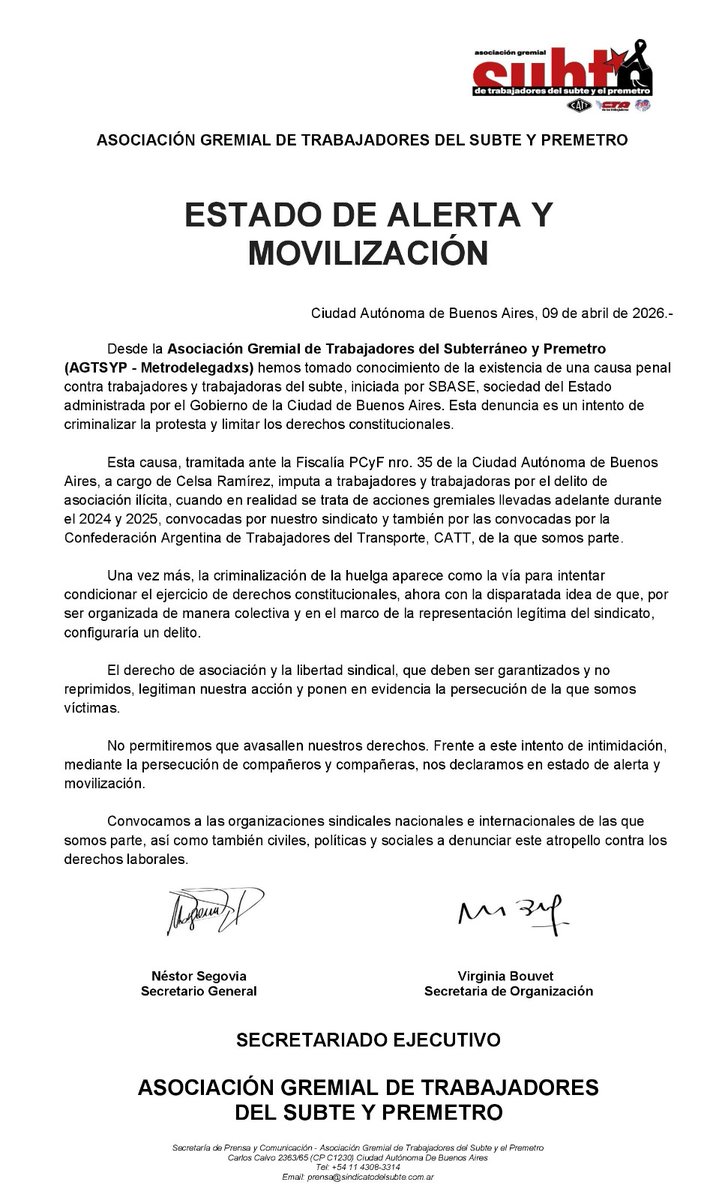 #ALERTA | Desde la Asociación Gremial de Trabajadores del Subte y Premetro denunciamos una causa penal impulsada por Subterráneos de Buenos Aires  S.E (SBASE) que busca criminalizar la protesta y el derecho a huelga de trabajadores y trabajadoras del subte.

Se intenta imputar a
