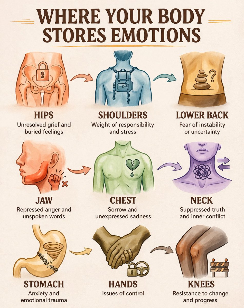 juleshorn01's tweet photo. Your body stores everything.

Not just physically, emotionally.

Hips holding grief.
Jaw holding what you never said.
Chest holding sadness.
Stomach holding anxiety.

This isn’t random.
It’s your nervous system protecting you. https://t.co/TRF36D8OZI