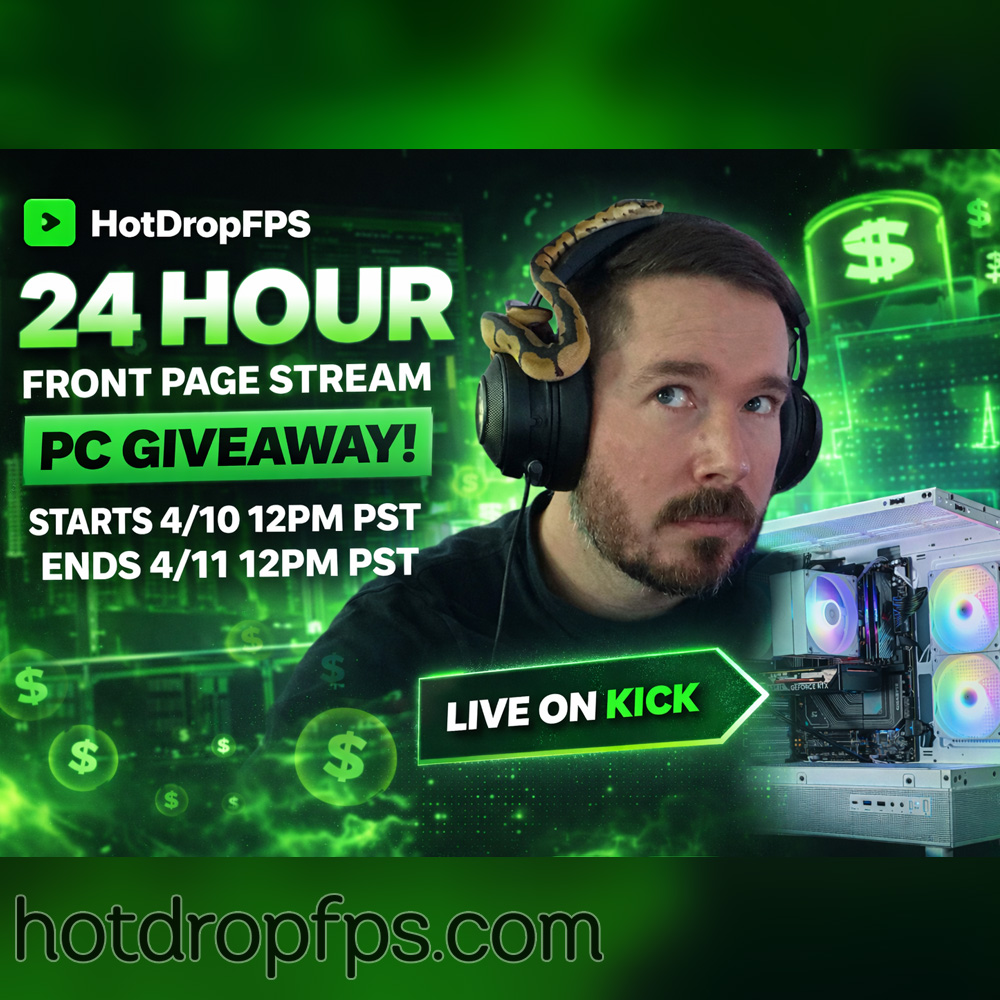 hotdropfps's tweet image. 24 Hour Front Page Stream on Kick

Live from 4/10 at 12PM PST to 4/11 at 12PM PST. Free PC giveaway during the stream.

To enter, you must join during the 24-hour live stream. When the stream ends, entry closes.

#HotDropFPS #Kick #PCGiveaway