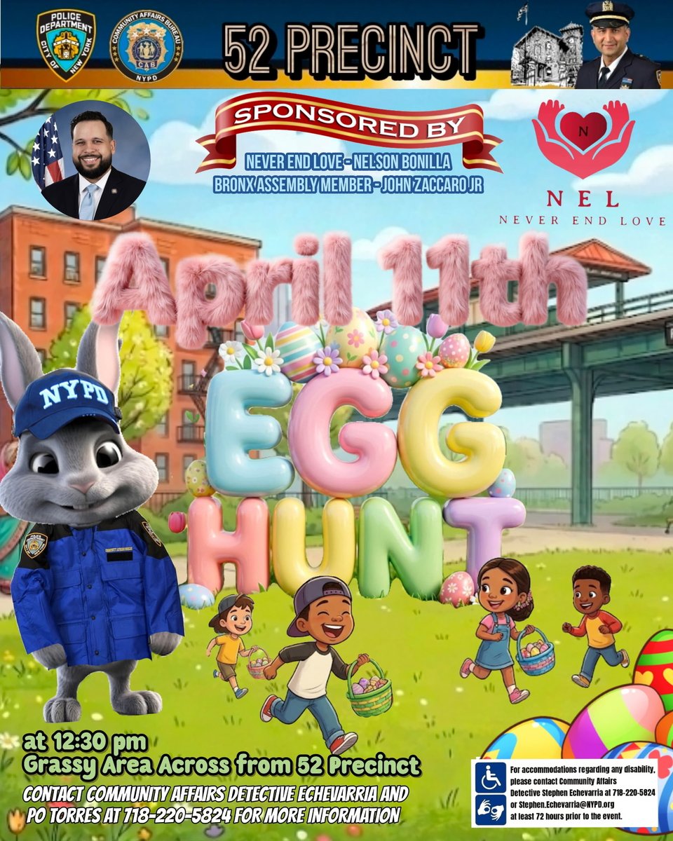 NYPD52Pct's tweet photo. Join us for our Annual Easter Egg Hunt on Saturday April 11, 2026 at 12:30pm. The location will be across the street from 52 Precinct (3016 Webster Avenue) on the Grassy area. 🐰 https://t.co/uE0FoTz02v