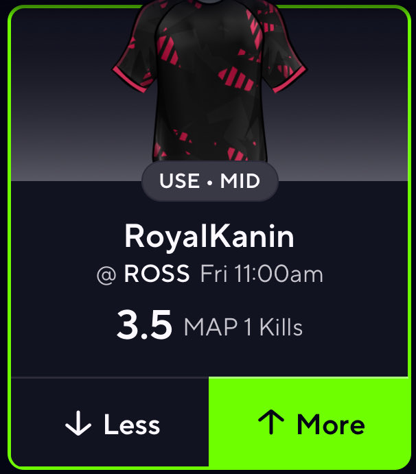 Dicemanbets's tweet image. 🚨 PrizePicks #POTD 🚨

RoyalKanin over 3.5 kills (LoL)

USE vs ROSS

Model predicts 5.1 kills giving this a 61.3% probability to hit 🔥

#Gambling𝕏 #GamblingTwitter #PrizePicks 

@LCSLarry @JuicedBetsEV