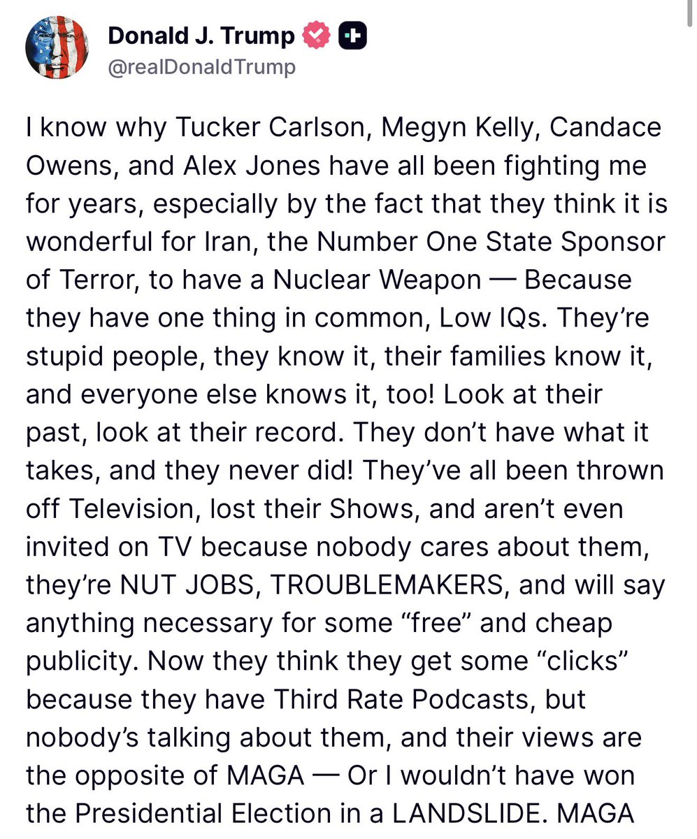 9Abr Trump: “Sé por qué Tucker Carlson, Megyn Kelly, Candace Owens y Alex Jones llevan años combatiéndome, especialmente debido al hecho de que les parece maravilloso que Irán —el principal Estado patrocinador