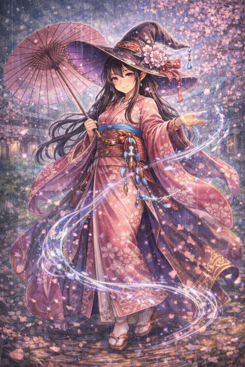 AriaGear's tweet photo. 桜雨の中を歩く、小さな春の魔女。
雨だけど一日頑張ろう。
きっと今日は、やさしい奇跡がひとつくらい起こるから。
#OC #AIGenerated #SpringWitch #Kimono #FantasyCharacter #ARIAAtelier https://t.co/q9WNNZvmQ0
