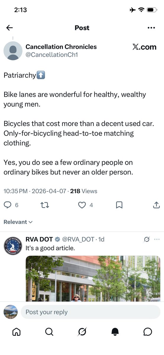 timberson20's tweet photo. @CancellationCh1 @RVA_DOT @ErikBootsma @MomentumMag The original post and your response that bike lanes don’t benefit everyone, only your specific group of people. You literally applied your “logic” to all times of day and all bicycle paths in all cities: https://t.co/aQk43Iwvm3