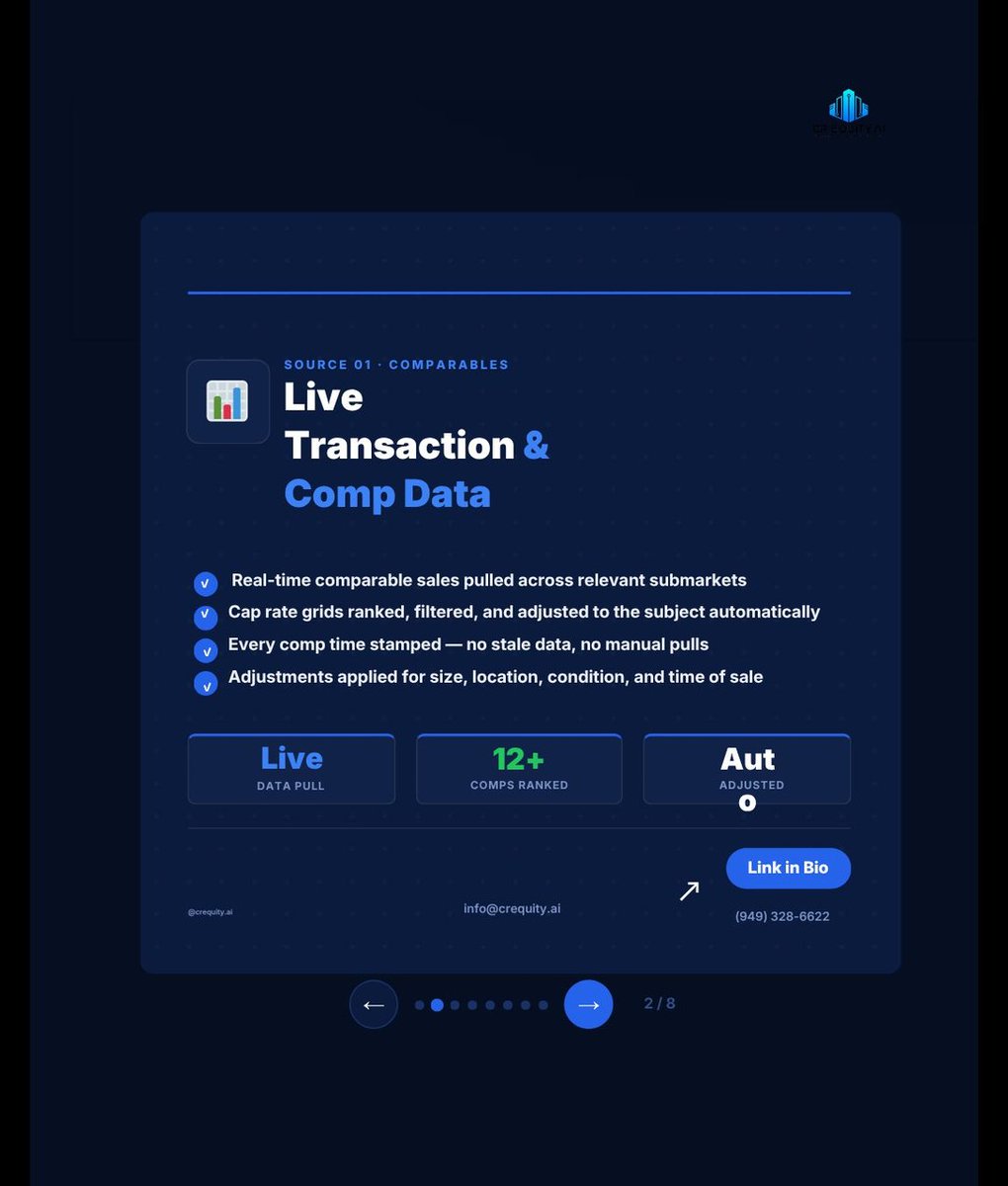 Rstewartjr1's tweet photo. 📊 6 live data sources powering every AIVA valuation: 📊 Transaction Databases — comparable sales, cap rates, per-SF pricing 🏘️ Rent Roll Feeds — live vacancy, lease expirations, tenant credit quality 📈 Cap Rate… #AIValuationEngine #CREValuation #AIVA #CREquity #DataSources https://t.co/rK677StUrk