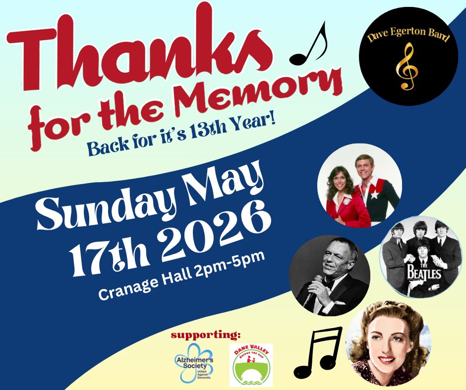 Memory_Moments's tweet photo. 🎶THIS WEEKEND!🎶 

Thanks for the Memory – at Cranage Hall on May 17th, 2–5pm. The Dave Egerton Big Band returns with music spanning 100 years!

✨ Special guest: Cockney Carol 
✨ Supporting Alzheimer’s Society &amp; Bridge the Gap 

🎟️ Get tickets now: https://t.co/jramOYsRJ8 https://t.co/oVUb2bvqcy