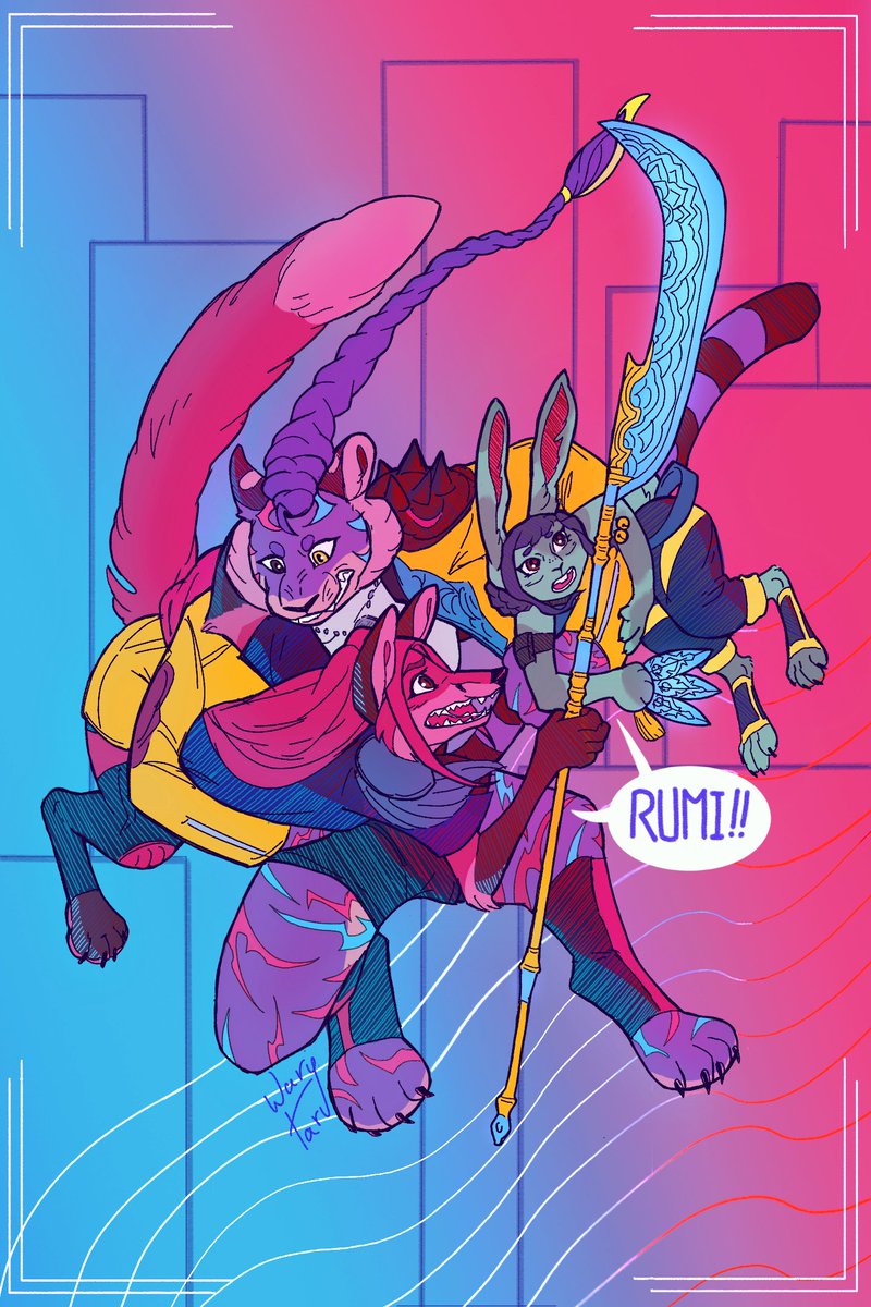WaryTaru's tweet image. It came to me in a vision, furrytrix with Rumi carrying her girls away from danger 🐅 💜 
#polytrix #kpdhfanart