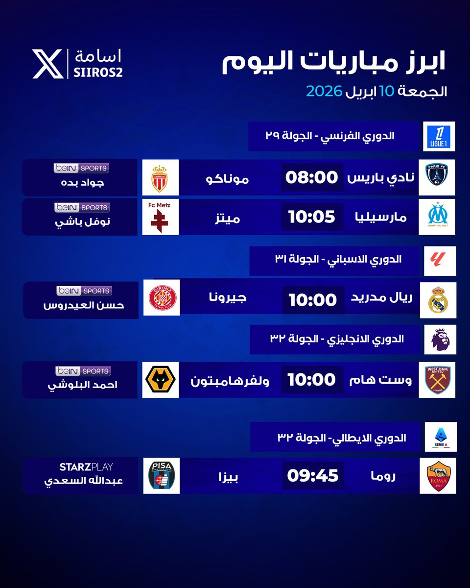 Siiros2's tweet photo. 🚨🚨🚨🚨🚨🚨🚨🚨🚨🚨🚨

أبرز مباريات اليوم الجمعة 10 أبريل 2026م :

- 🏴󠁧󠁢󠁥󠁮󠁧󠁿 الدوري الانجليزي 
- 🇪🇸 الدوري الاسباني 
- 🇫🇷 الدوري الفرنسي 
- 🇮🇹 الدوري الايطالي 

🥶🥶🥶🥶🥶🥶🥶🥶
🔥🔥🔥🔥🔥🔥🔥🔥 https://t.co/K9raC9ui4f